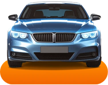 A sleek blue sedan seen head-on, with bright LED headlights, prominent grille, and a sporty design, displayed on an orange platform against a black background.