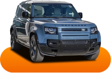 A sleek, modern SUV in metallic blue with a bold front grille, large tires, and tinted windows, displayed on an orange background, conveying rugged elegance.