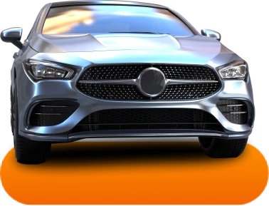 Front view of a sleek silver sports car with a prominent grille and angular headlights, set against a black background with an orange base, conveying modernity and elegance.