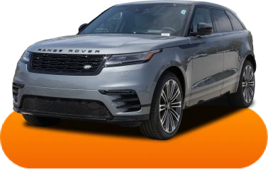 Silver Range Rover SUV angled slightly from the front on an orange oval background. The design is sleek and modern, conveying luxury and elegance.