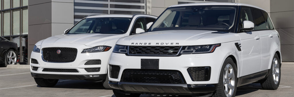 Has your engine cut off on Jaguar or land rover due to fuel pump failure in Rockville, MD? MB Automotive can help. Image of white land rover suv and white jaguar sedan parked outside of shop.