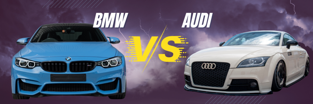 Maintenance comparison for Audi and BMW at MB Automotive Services in Rockville, MD. Image showcasing a blue BMW and a white Audi side by side, representing the detailed analysis of maintenance costs and services for both luxury car brands.
