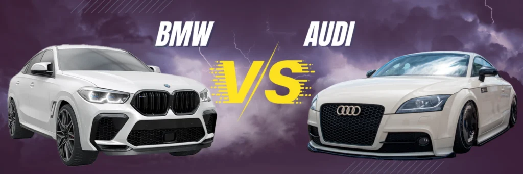 Alt text: "Graphic of a white BMW on the left and a white Audi on the right against a stormy purple background. Bold text in the center reads 'BMW vs Audi,' highlighting a car comparison theme."