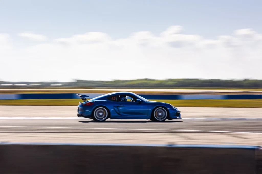 A blue sports car speeds along a racetrack under a clear sky. Motion blur conveys speed, while the background of grassy fields adds depth and contrast.