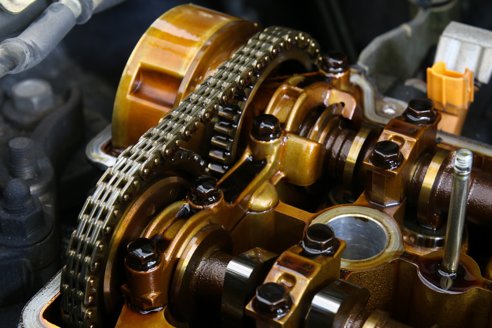 Mini Cooper Timing Chain Repair in North Bethesda MD At MB Automotive Services. Close-up of a timing chain inside an engine