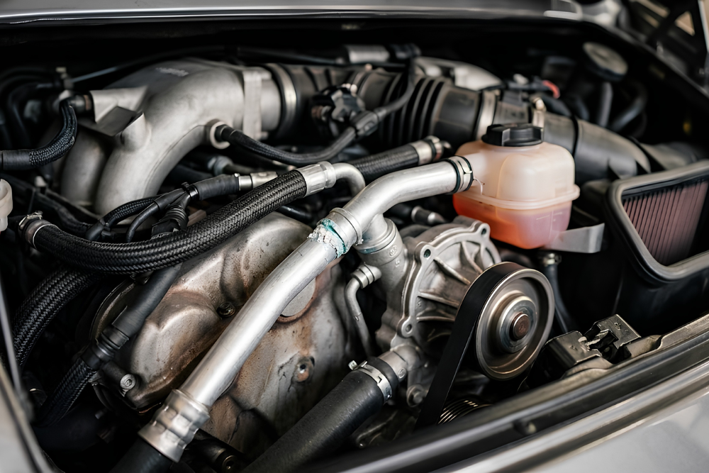 Porsche Cooling System Repair in North Bethesda MD At MB Automotive Services. Close-up view of Porsche coolant pipes and cooling system components.