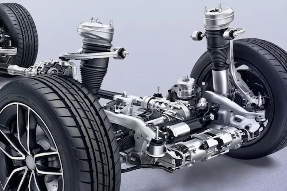 Mercedes AIRMATIC Repair, Mercedes Suspension Repair in North Bethesda MD At MB Automotive Services. Close up view of Mercedes AIRMATIC suspension and air suspension system isolated on a plain background.